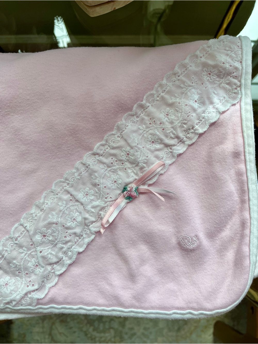 BABY DIOR Pink Receiving Blanket Rosette Lace Accent Embroidered Logo Vintage - Picture 2 of 5